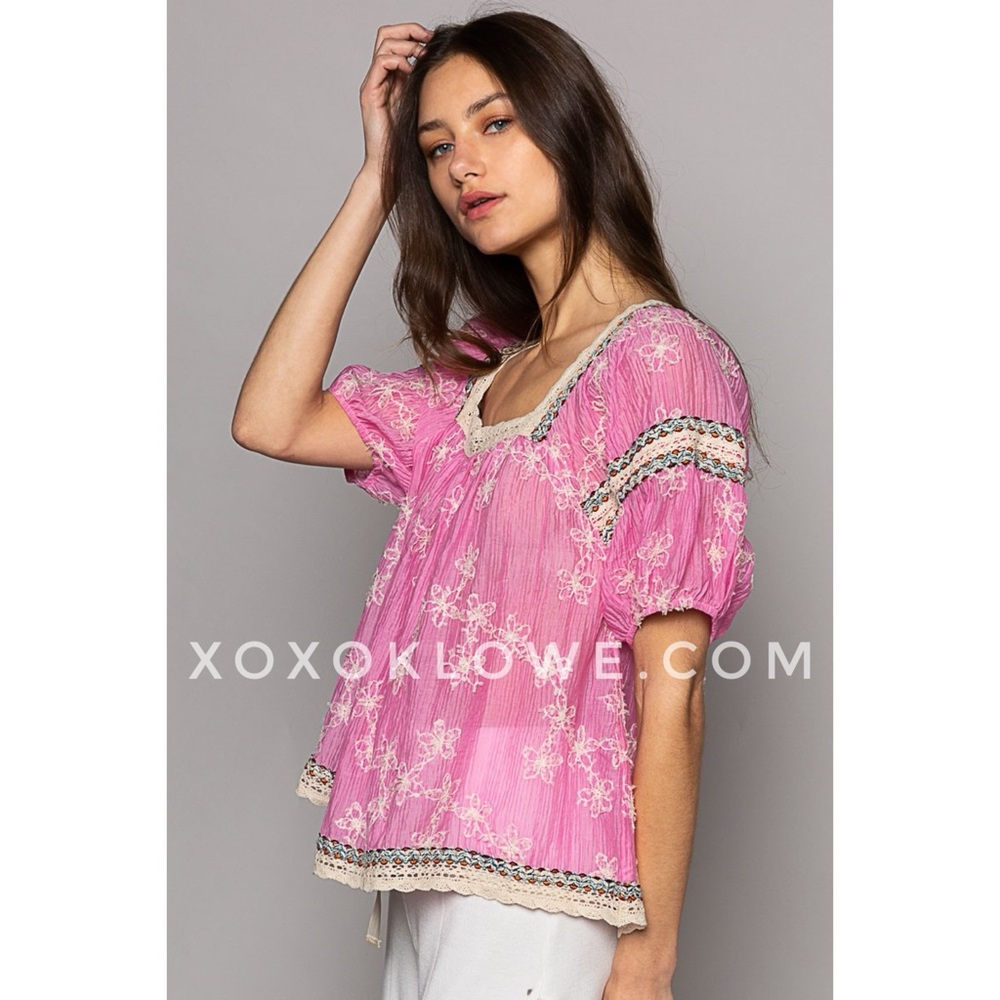 POL Pink Floral Embroidered Square Neck Half Sleeve Chiffon Top - Picture 5 of 11